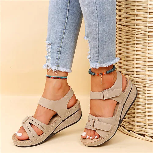 Women's Retro Wedge Heeled Sandals, Solid Color Open Toe Hook & Loop Shoes