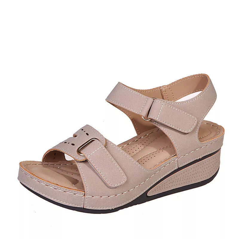 Women's Retro Wedge Heeled Sandals, Solid Color Open Toe Hook & Loop Shoes