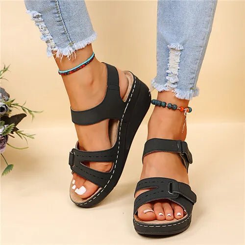 Women's Retro Wedge Heeled Sandals, Solid Color Open Toe Hook & Loop Shoes