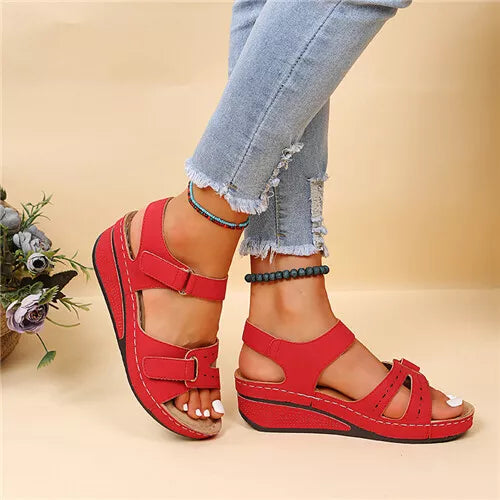 Women's Retro Wedge Heeled Sandals, Solid Color Open Toe Hook & Loop Shoes