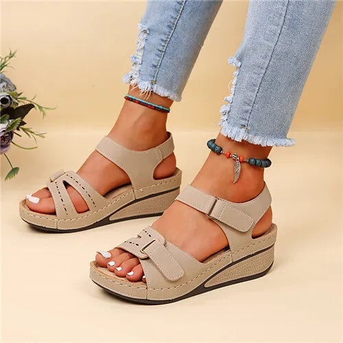 Women's Retro Wedge Heeled Sandals, Solid Color Open Toe Hook & Loop Shoes