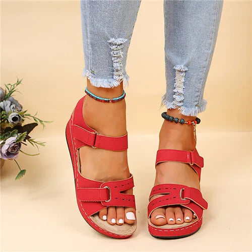 Women's Retro Wedge Heeled Sandals, Solid Color Open Toe Hook & Loop Shoes