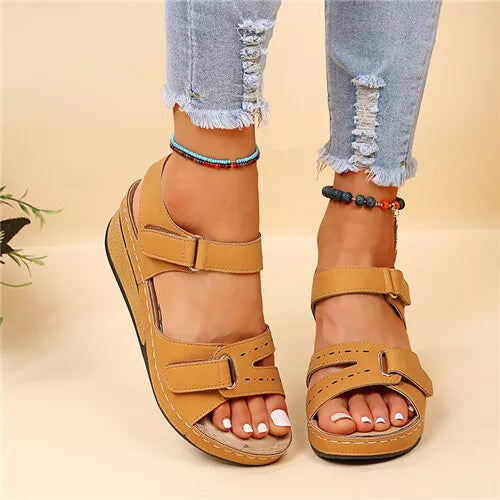 Women's Retro Wedge Heeled Sandals, Solid Color Open Toe Hook & Loop Shoes