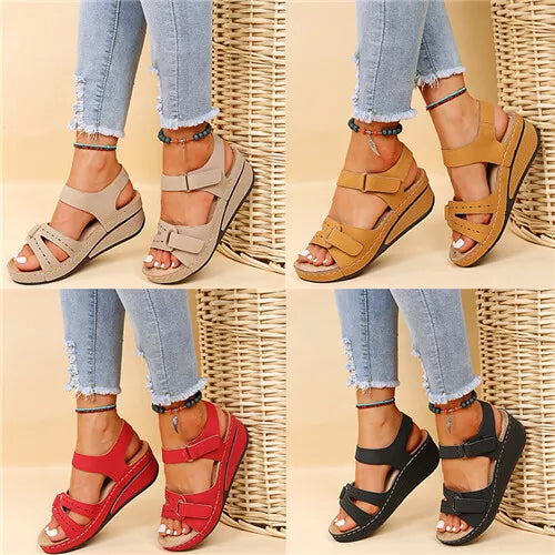 Women's Retro Wedge Heeled Sandals, Solid Color Open Toe Hook & Loop Shoes