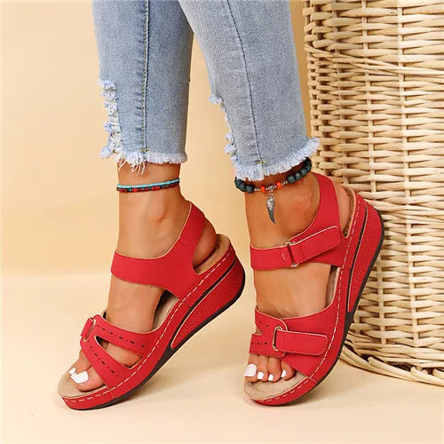 Women's Retro Wedge Heeled Sandals, Solid Color Open Toe Hook & Loop Shoes